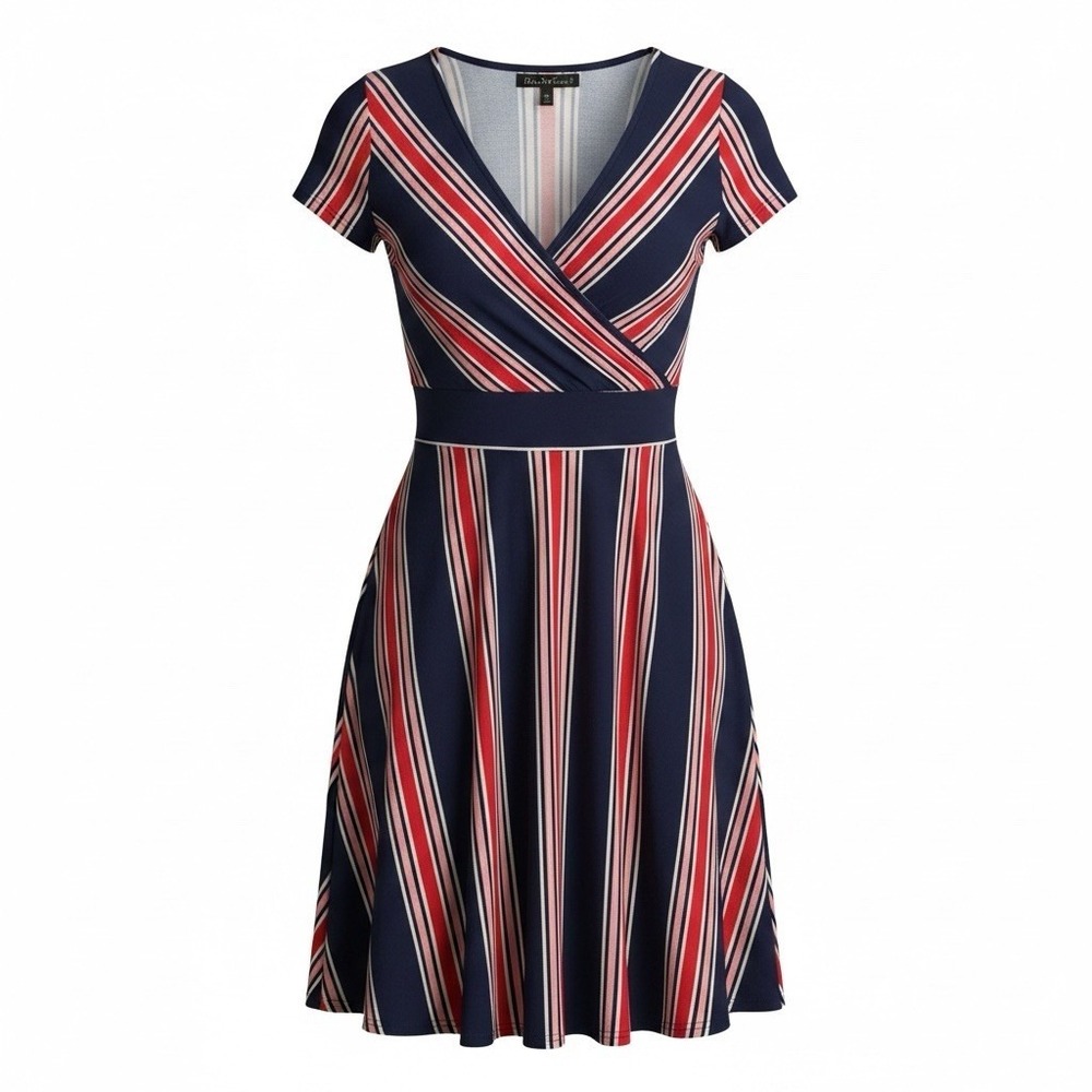 Rebel Sugar Women's Faux Wrap Dress Striped Short Sleeve Navy Blue Red Size S